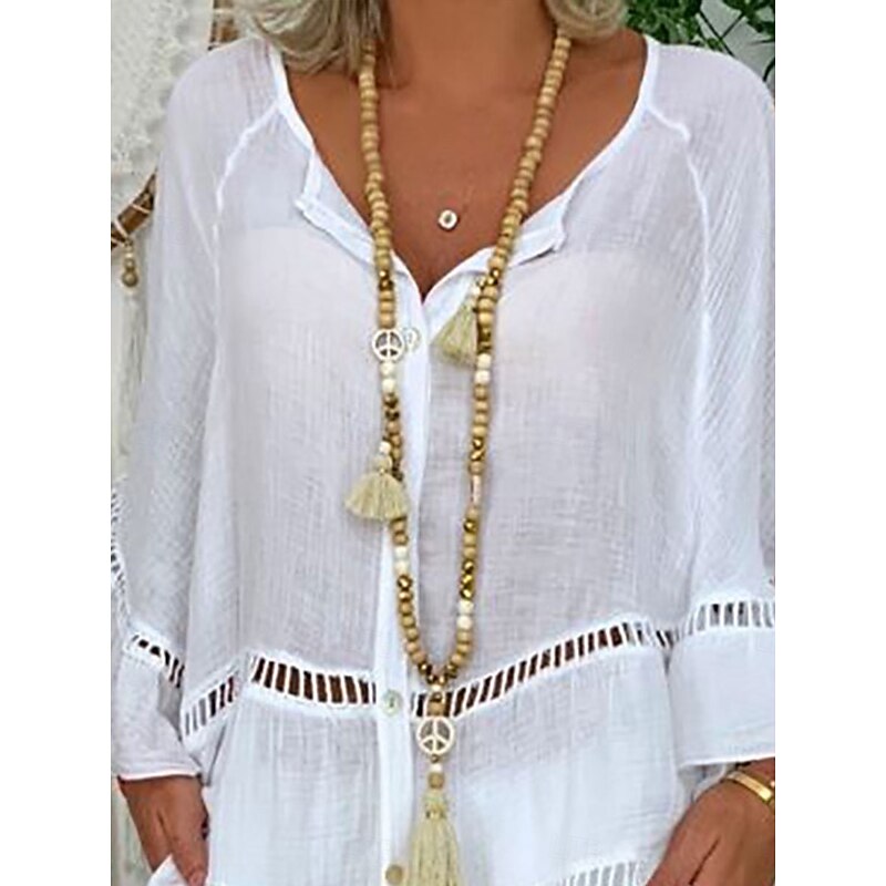 Women's Mini Dress Shift Dress Ruffle Dress Puff Sleeve Dress Linen Casual Daily Holiday Regular Fit Graphic 3/4 Length Sleeve V Neck White Yellow Red Brown Summer3