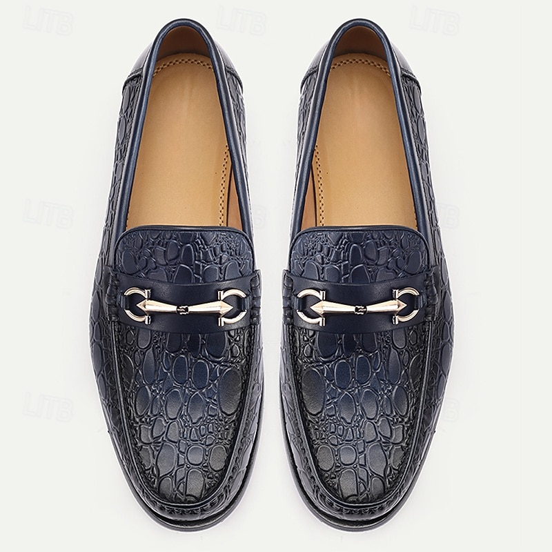 Men's Navy Blue Crocodile Embossed Leather Loafers with Metal Bit Detail - Sophisticated Casual Wear4