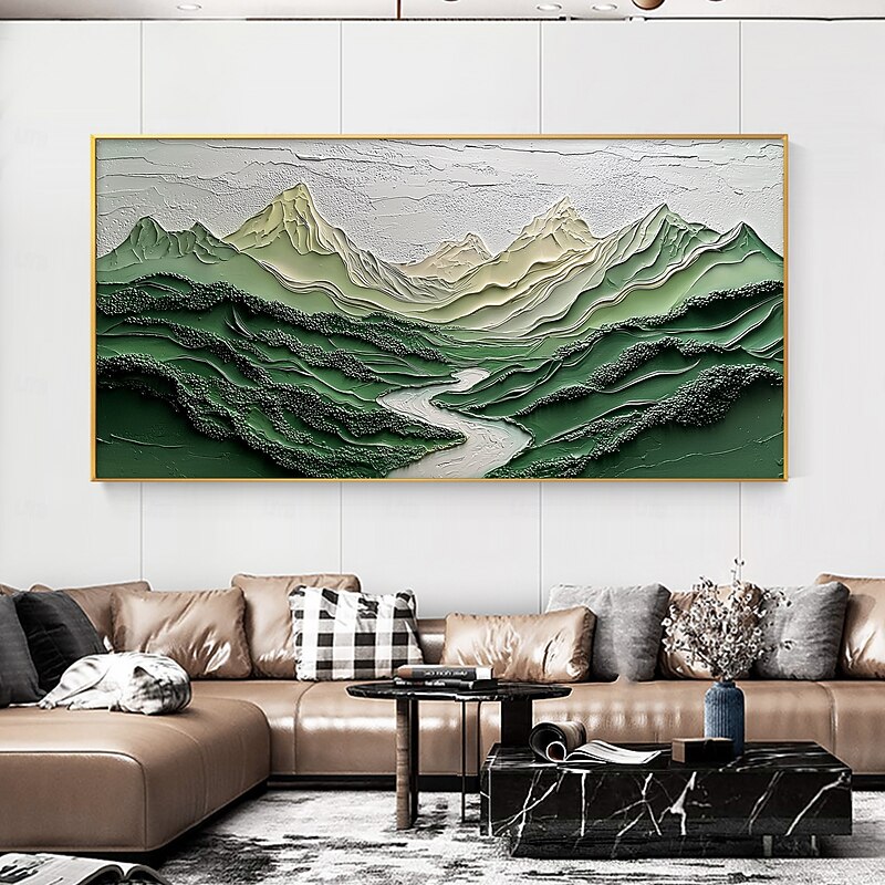 Handmade Original Green Mountain Painting Oil Painting On Canvas Abstract River Valley Landscape Wall Art for Home Decor With Stretched Frame/Without Inner Frame Painting4