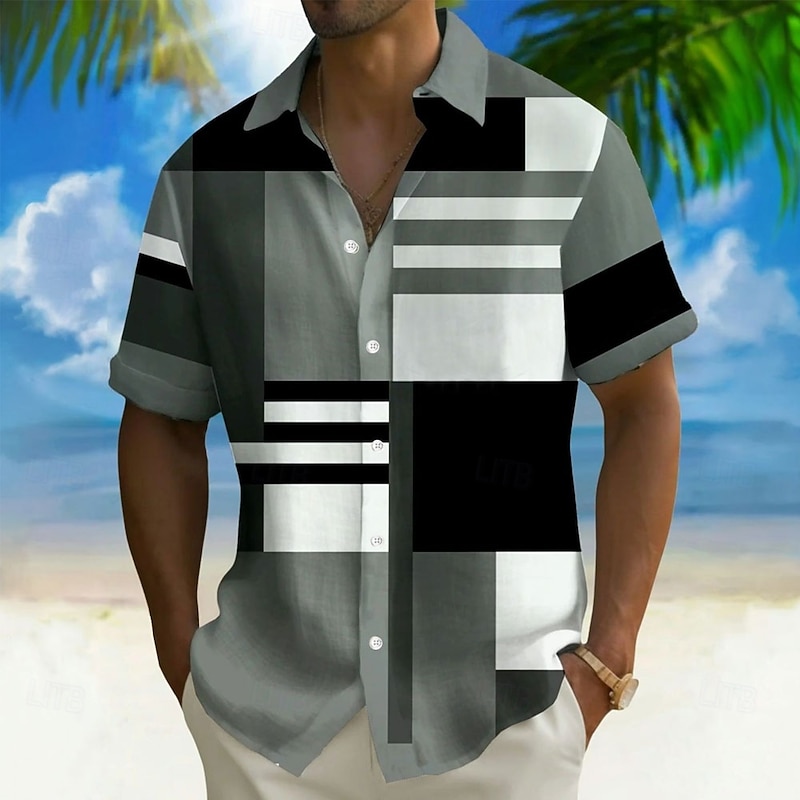Men's Geometric Patchwork Grid / Plaid Shirt Casual Shirt Button Up Shirt Short Sleeve Fashion Casual Vacation Holiday Streetwear Summer Spring Turndown 3D Print Collared Shirts Gray