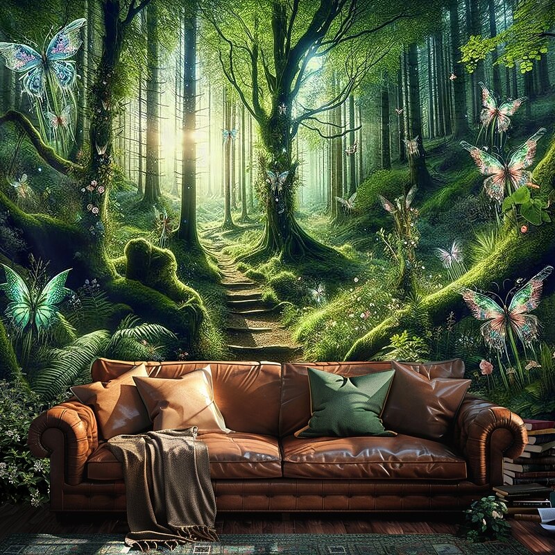 Landscape Forest Butterflies Hanging Tapestry Wall Art Large Tapestry Mural Decor Photograph Backdrop Blanket Curtain Home Bedroom Living Room Decoration