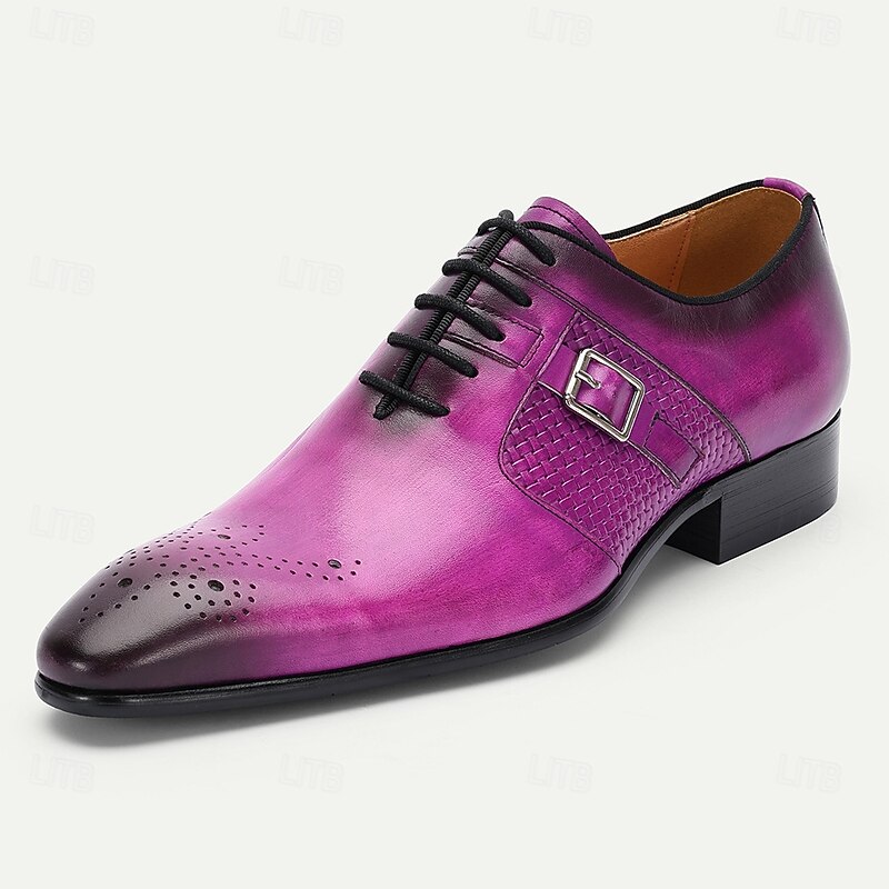 Men's Purple Genuine Leather Monk Strap Prom Shoes – Elegant Buckle Dress Shoes with Brogue Detailing for Formal Events & Parties2