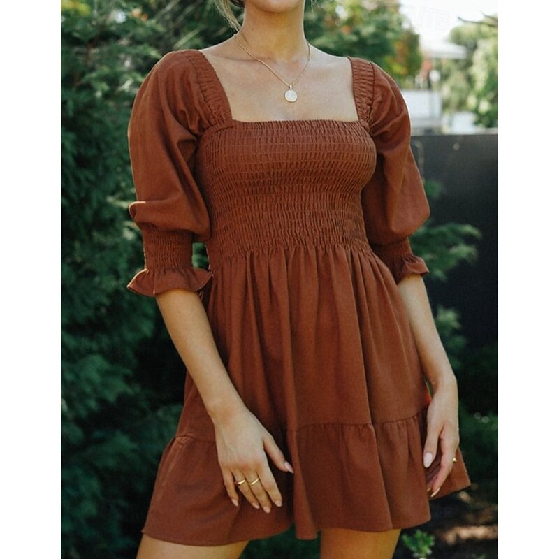 Retro Vintage Medieval Renaissance Mini Dress Flare Dress Puff Sleeve Regency Inspired Solid Color Fancy Dress Women's Fantasy Vacation Casual Daily LARP Adults' Dress Spring & Summer - Main Image