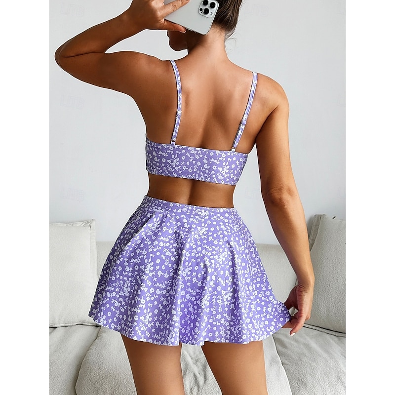 Women's Swimsuits Bikini Three Piece Skirt Swimsuit Backless Slim Vacation Beach Wear Floral V Neck Sleeveless Bathing Suits2