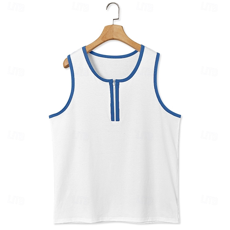 Men's Tank Top Vest Undershirt Sleeveless Shirt Sleeveless U Neck Summer Color Block Patchwork Fashion Classic Comfortable Zipper Street Casual Sports Black White Navy Blue Top Tee for Men4