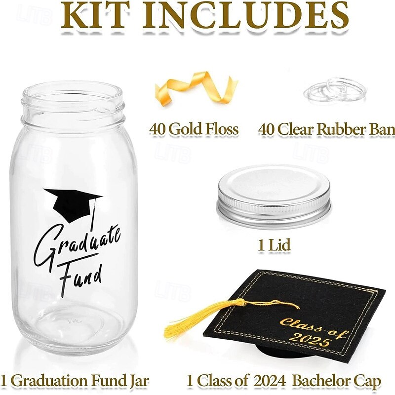 Graduation Gifts 2025 - Personalized Name Graduation Mason Jar - Filled with Money & Class of 2025 Cap Kit - Centerpieces Congrats Decorations Party Supplies for Him Her Women Men College High School2