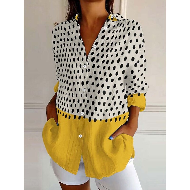 Women's Shirt Button Down Tunic Shirt Collar Long Sleeve Graphic Polka Dot Casual Regular Tops Work Daily s Print Yellow Blue Purple Spring Fall Winter
