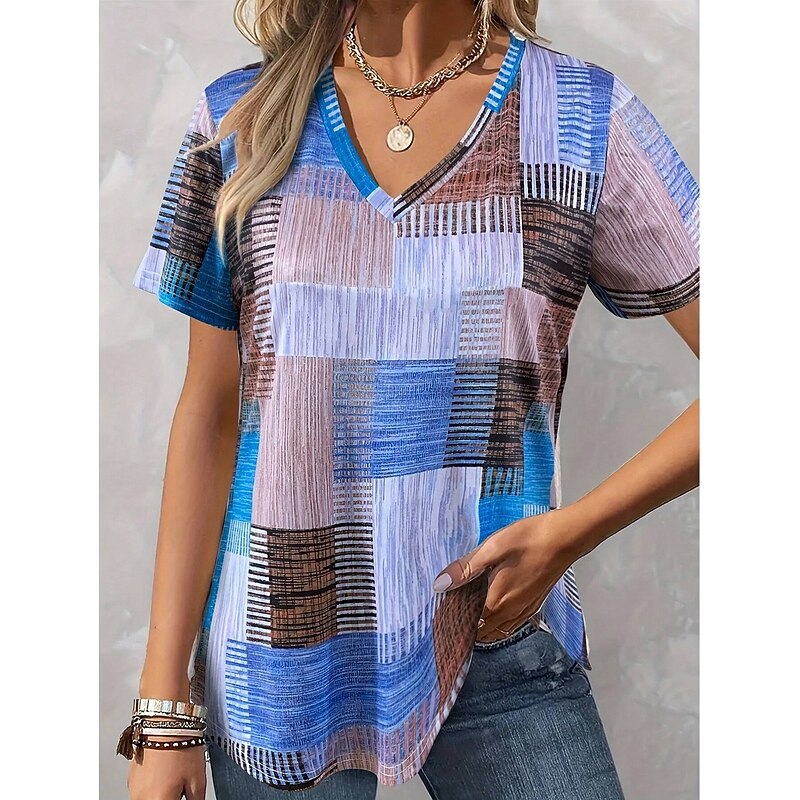 Women's Blouse Graphic Geometric Casual Short Sleeve V Neck Regular Tops Daily Print Blue Purple Orange Green Summer Spring2