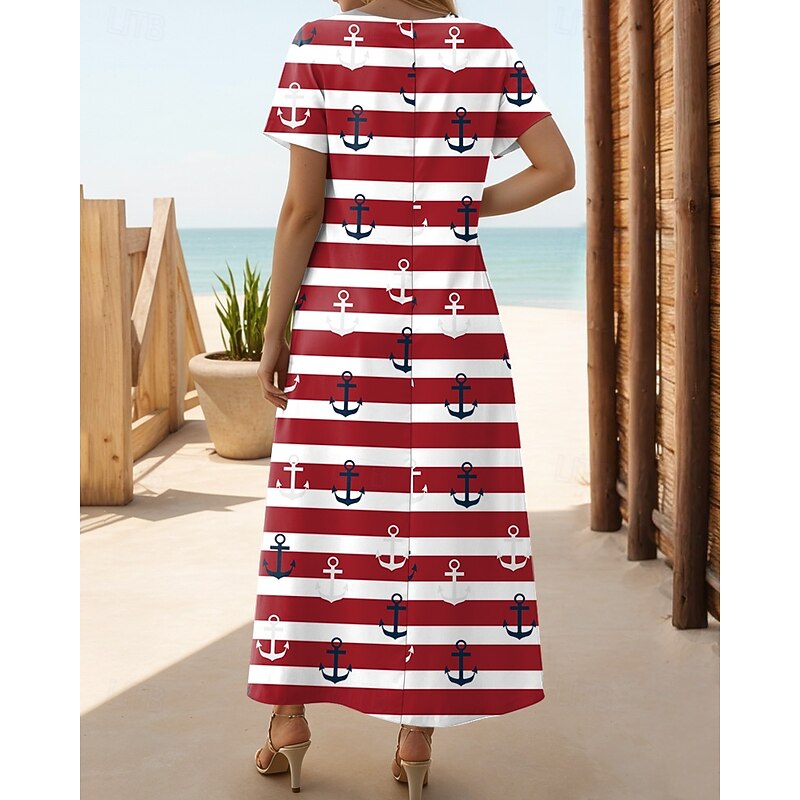 Women's Maxi Dress T Shirt Dress Tee Dress Sundress Shift Dress Vacation Casual Beach Party Beach Regular Fit Geometric Stripe Sea Short Sleeve Crewneck Red Blue Green Summer Spring2