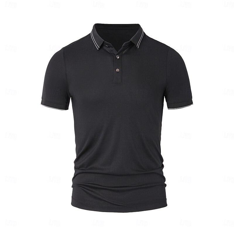 Men's Cotton Silk Stripe-Trim Polo Work Street Classic Short Sleeve Vacation Fashion Summer Spring Black White Light Grey Polo