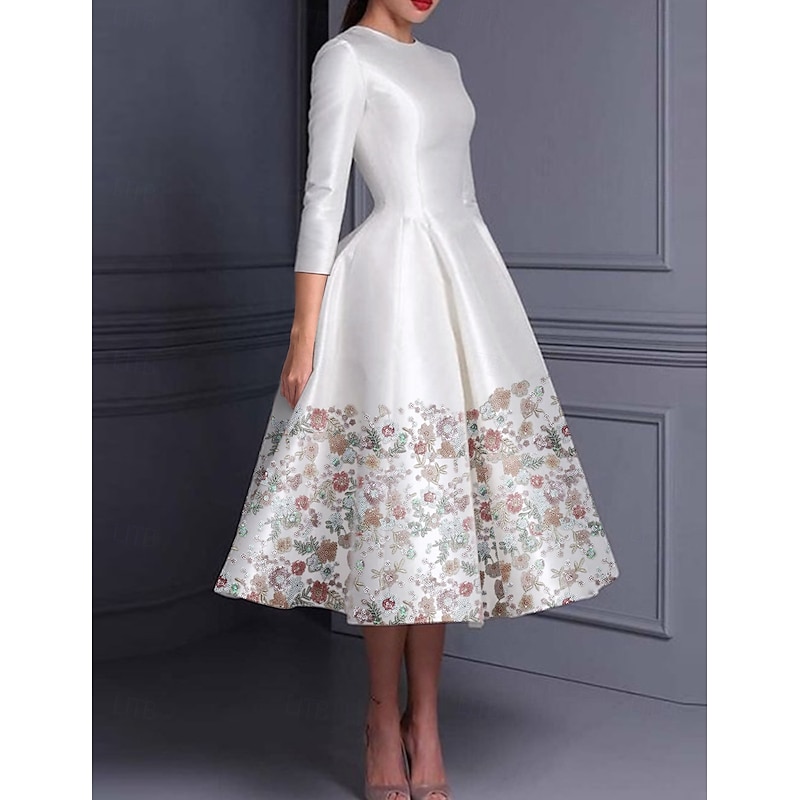 FloralA-Line Cocktail Dresses Elegant Dress Formal Valentine's Day Tea Length 3/4 Length Sleeve Jewel Neck Belt / Sash Satin with Glitter Slit Embroidery