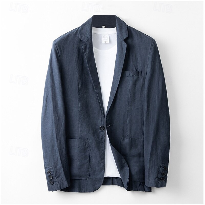 Men's Linen Blazer Suits Wedding Anniversary Vacation Elegant Neutral Spring &  Fall Cotton Linen Solid Color Buttons Comfy Single Breasted One-button Blazer White Navy Blue Beige Gray4