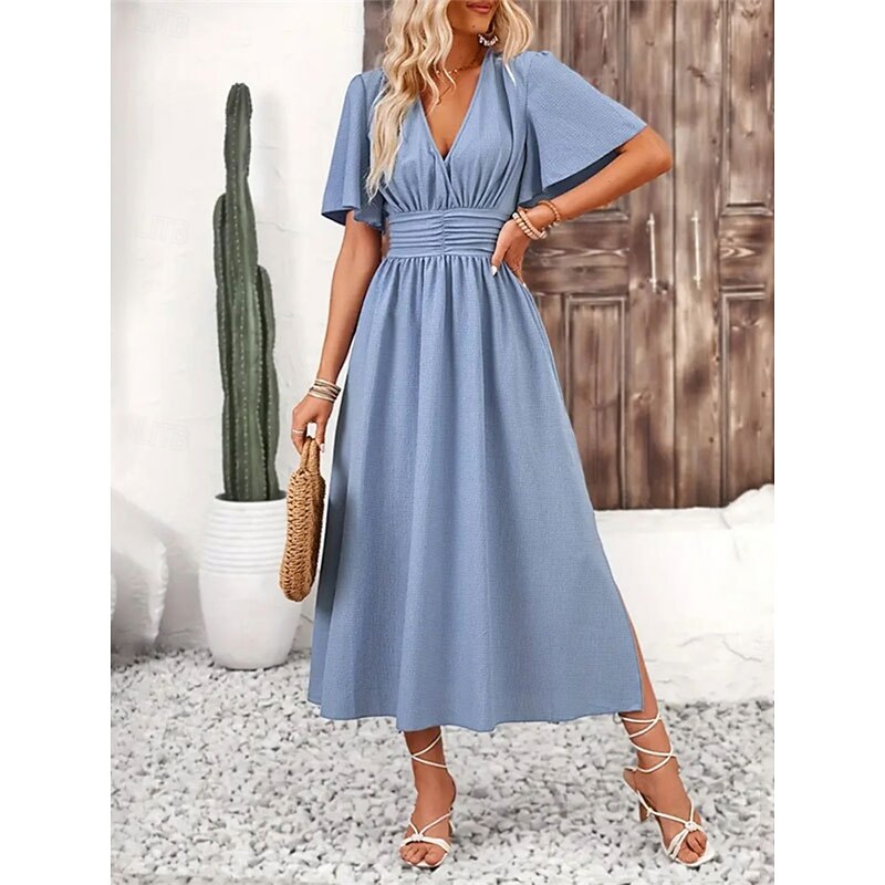 Women's Long Dress Maxi Dress Black Dress Graduation Dress Casual Dress Cocktail Dress Elegant Fashion Modern Daily Date Weekend Regular Fit Plain Short Sleeve V Neck Black Navy Blue Light Blue Summer4