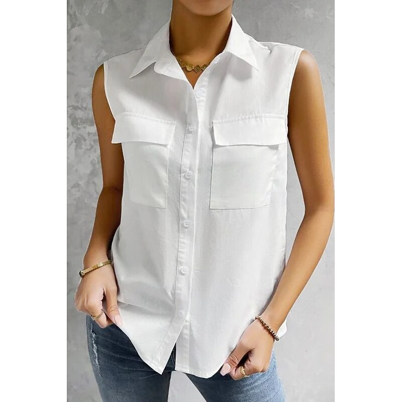 Women's Shirt Button Up Blouse Plain Basic Modern Casual Sleeveless Shirt Collar Regular Tops Daily Going out Buttons Pocket Black White Light Blue Summer