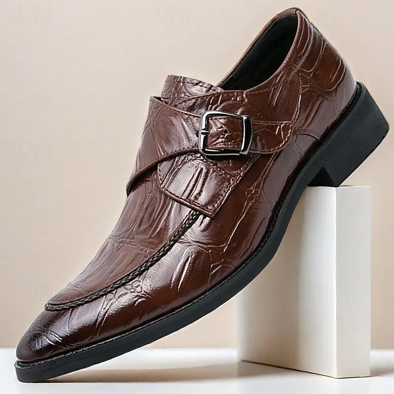 Men's Formal Monk Strap Shoes in Glossy Crocodile Pattern Faux Leather, Sleek Design with Buckle Closure for Business and Formal Events