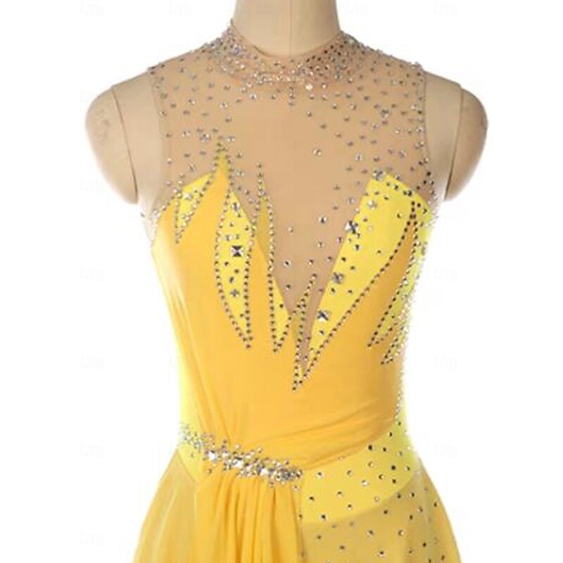 Figure Skating Dress Women's Girls' Ice Skating Dress Yellow Patchwork Open Back Mesh Spandex Stretchy Training Practice Professional Skating Wear Thermal Warm Crystal / Rhinestone Sleeveless Ice4