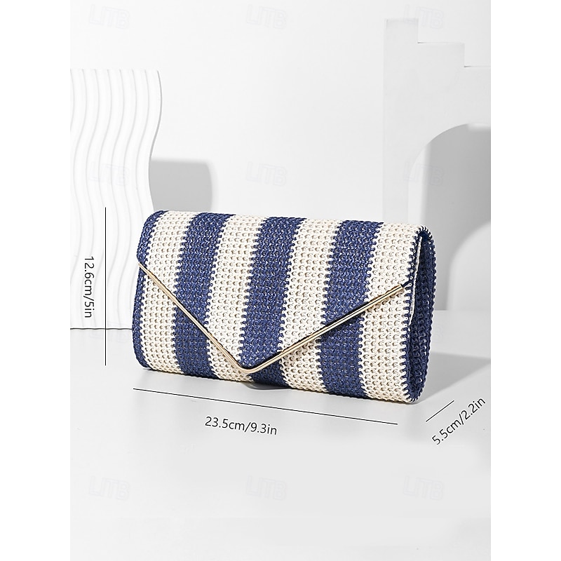 Women's Striped Woven Envelope Clutch - With chain, can be carried on one shoulder or crossbody, fashionable and versatile, suitable for beach parties and daily use Black Red Khaki4