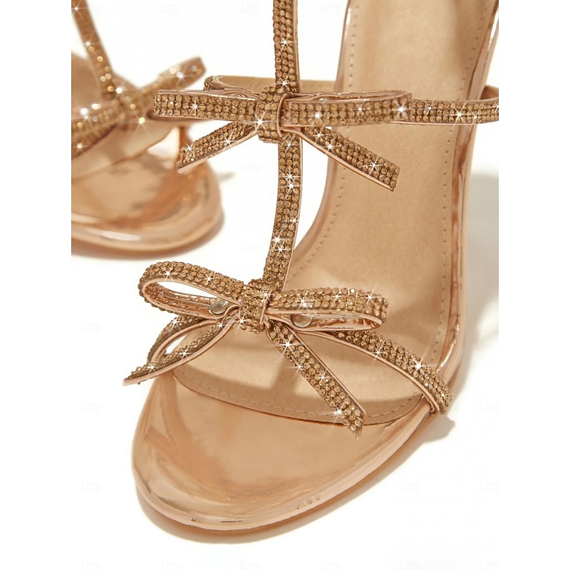 Women's Gold Strappy Stiletto Sandals – Sparkly Bow Knot High Heels for Elegant Evening & Prom4