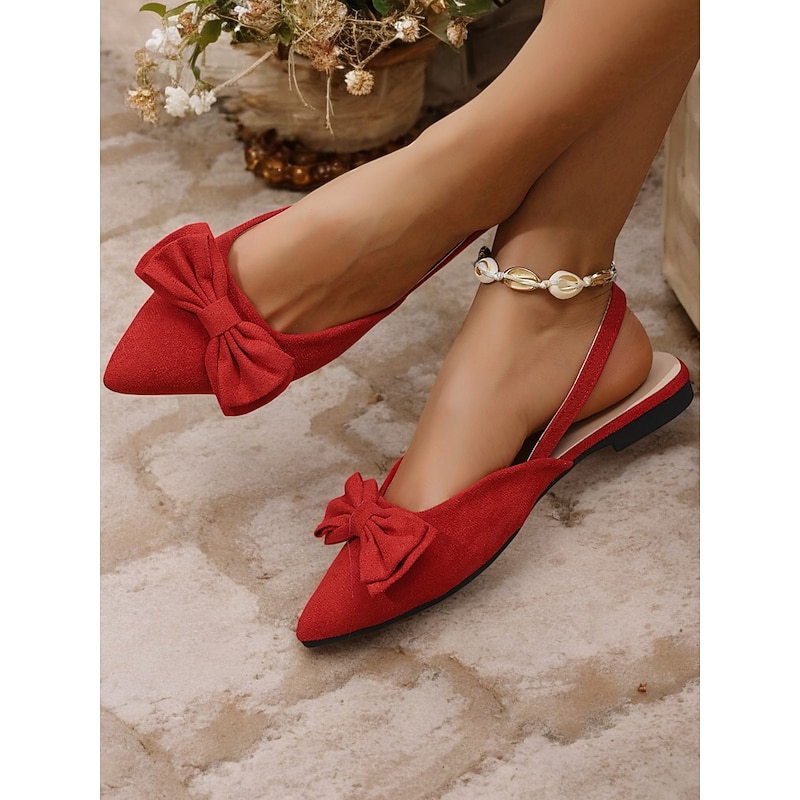 Women's Red Bow Pointed Toe Slingback Flats – Elegant Suede Ballet Shoes for Casual Wear, Work, and Special Occasions4
