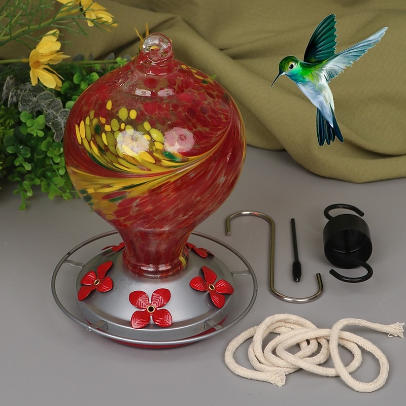Hummingbird Feeder with Ant-Proof Hook, Hand-Painted Glass & Plastic Flower Design, Outdoor Bird Feeding Station