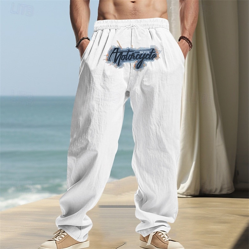 Men's Linen Pants Trousers Summer Pants Beach Pants Embroidered Drawstring Straight Leg Plain Comfort Breathable Full Length Casual Daily Holiday Fashion Hip-Hop Black White