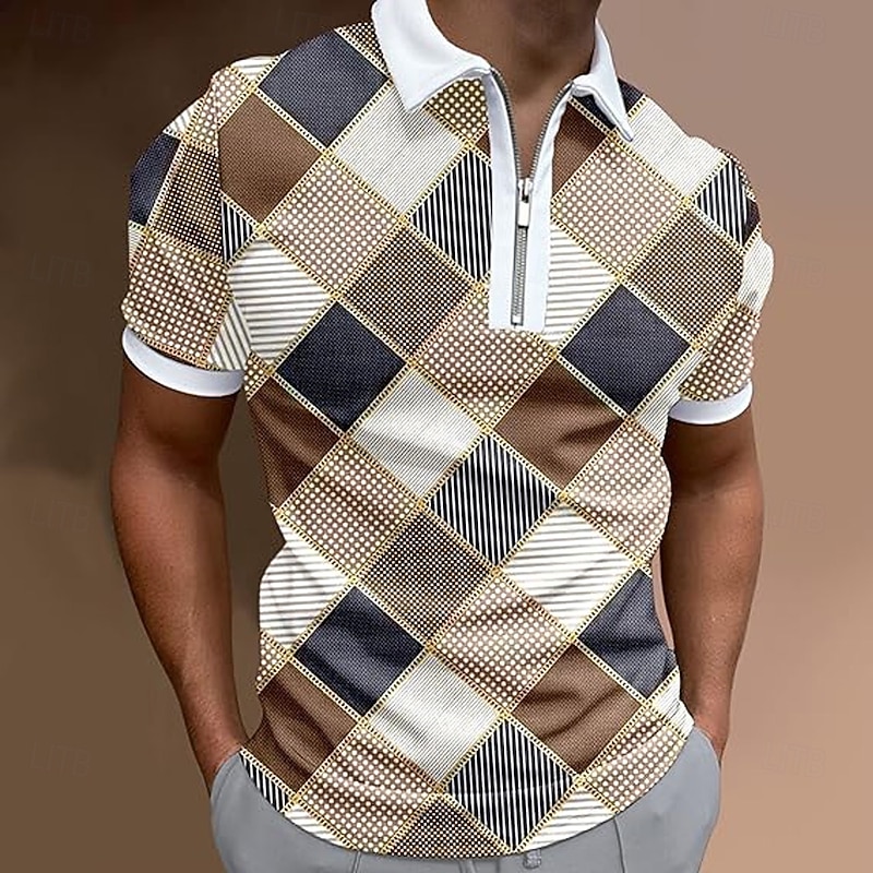 Men's Patchwork Zip Polo Short Sleeve Turndown Casual Daily Athleisure Casual Daily Zipper Summer Brown