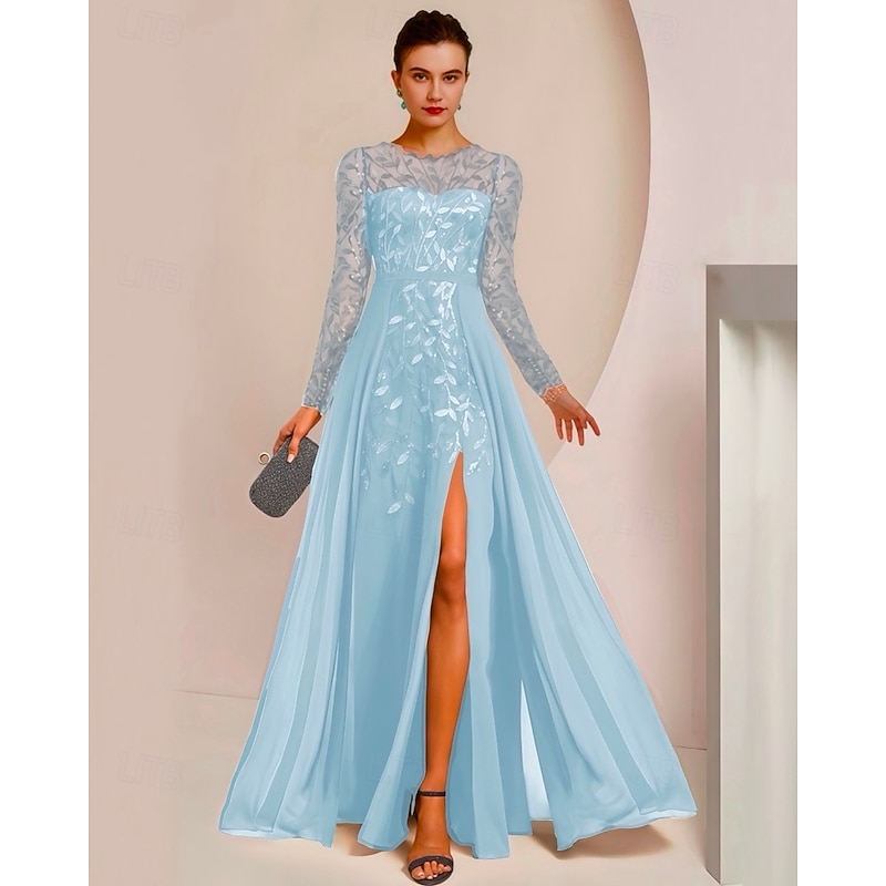A-Line Mother of the Bride Dress Wedding Guest Elegant Jewel Neck Floor Length Chiffon Lace Sequined Long Sleeve with Split Front Ruching Solid Color
