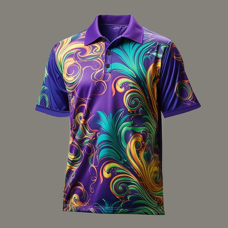 Carnival Leaf Symbol Men's Abstract Print 3D Golf Polo Outdoor Daily Wear Streetwear Mardi Gras Polyester Short Sleeve Turndown Polo Shirts Mint Green Light Purple Spring & Summer S M L Micro-elastic4
