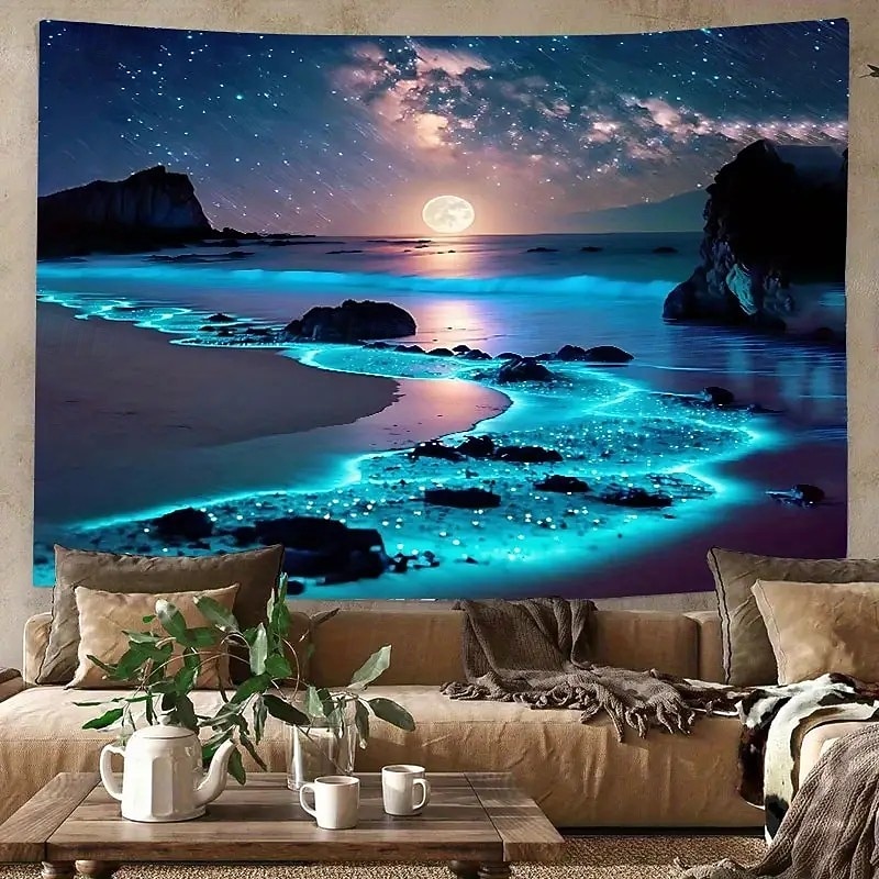 Landscape Night Ocean Hanging Tapestry Wall Art Large Tapestry Mural Decor Photograph Backdrop Blanket Curtain Home Bedroom Living Room Decoration