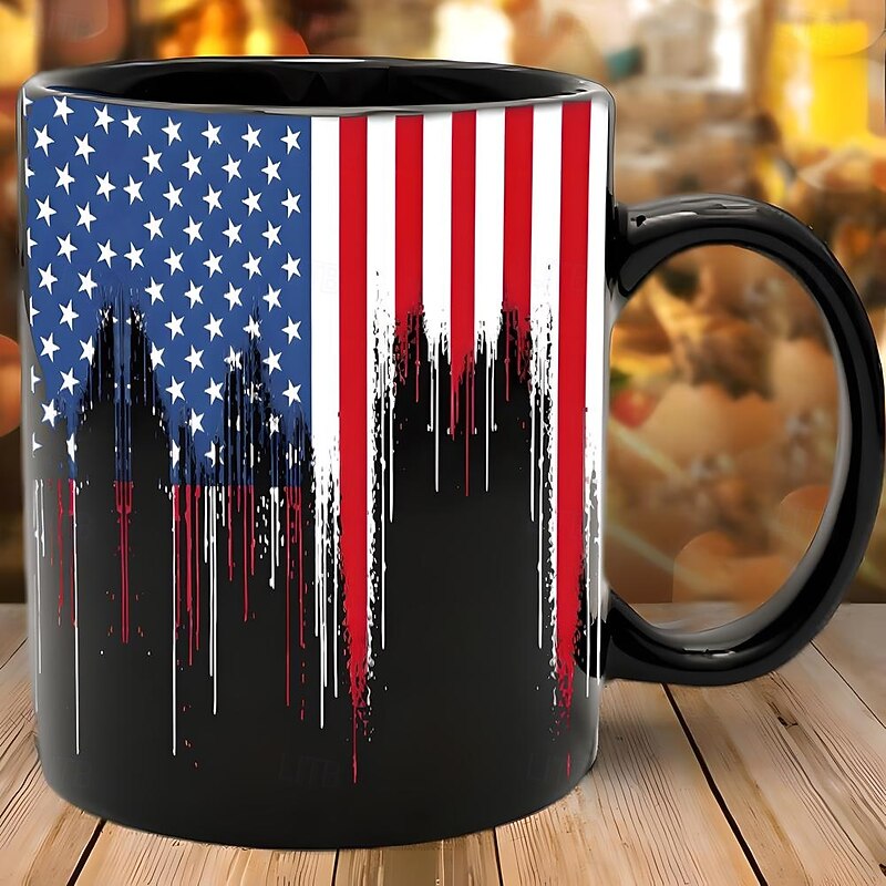Patriotic American Flag Mug Dripping USA Flag Design Black 11oz Coffee Cup Independence Day Veterans Military Gift for Men Women Dad Mom July 4th Christmas