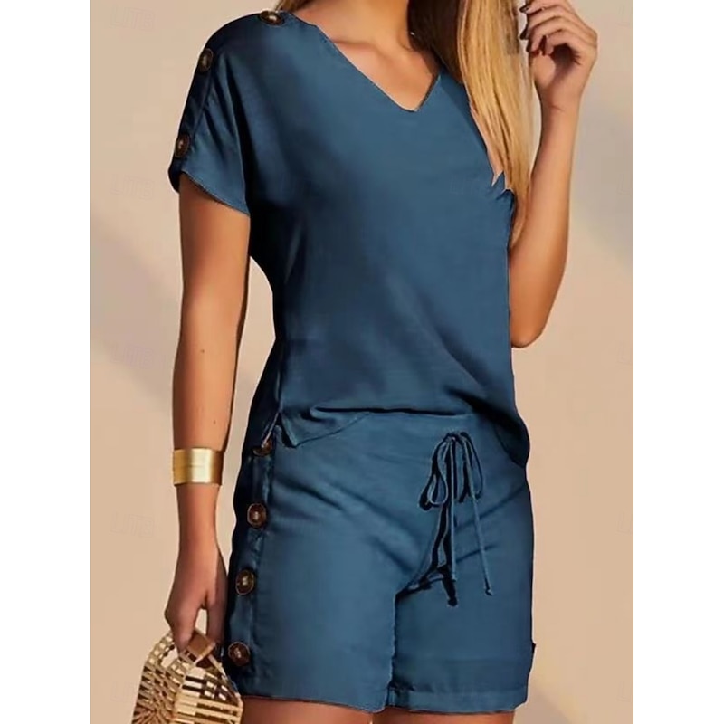 Women's 2 Pieces Fashion Streetwear Daily Shorts Sets Short Sleeve V Neck Geometric Plain Drawstring Print Casual Daily Yellow Blue Orange Summer Regular Fit