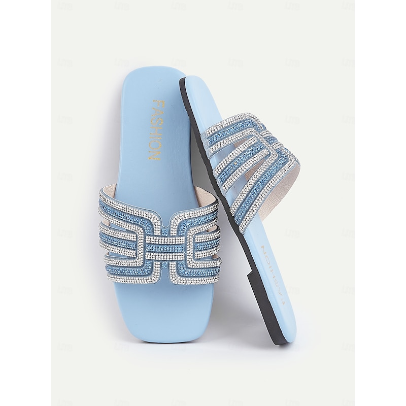 Women's Light Blue Rhinestone Embellished Slide Sandals – Elegant and Comfortable Slip-On Shoes for Summer, Beach, and Casual Outings