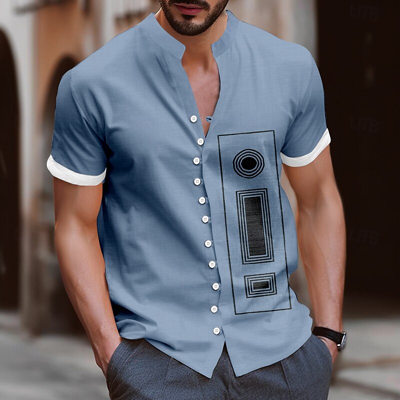 Men's Geometric Square Shirt Button Up Shirt Stand Collar Shirt Short Sleeve Fashion Casual Vacation Daily Summer Spring Grandad Collar Mandarin Collar Band Collar 3D Print Linen Like Shirt Yellow2