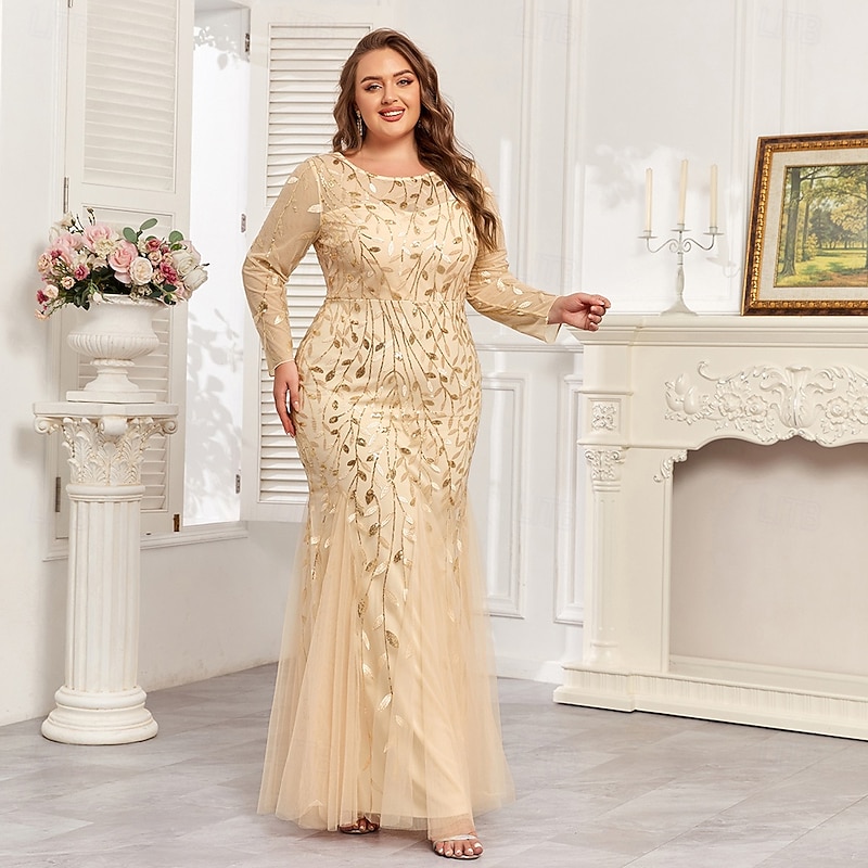 Mermaid / Trumpet Evening Gown Sparkle Formal Dress Formal Floor Length Long Sleeve Crew Neck Champagne Mother Of the Bride Dress Tulle with Embroidery 20254