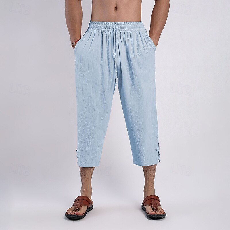 Men's Capri Pants Shorts Linen Shorts Summer Shorts Beach Shorts Drawstring Elastic Waist Plain Comfort Breathable Calf-Length Outdoor Daily Beach Fashion Classic Style Black Pink3