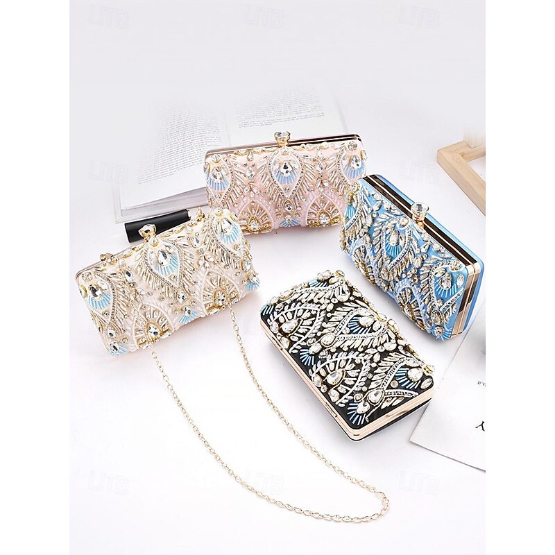 Women's Clutch Evening Bag Wristlet Shoulder Bags Silk Party Wedding Party Rhinestone Beading Sequin Multi Carry Solid Color Black Blue Gold2