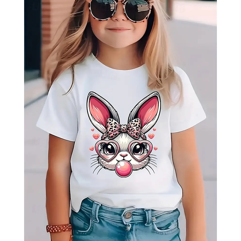 100% Cotton Kids Girls' Black White Rabbit T shirt Tee Crew Neck Short Sleeve Outdoor Vacation Daily Classic Casual Print Summer