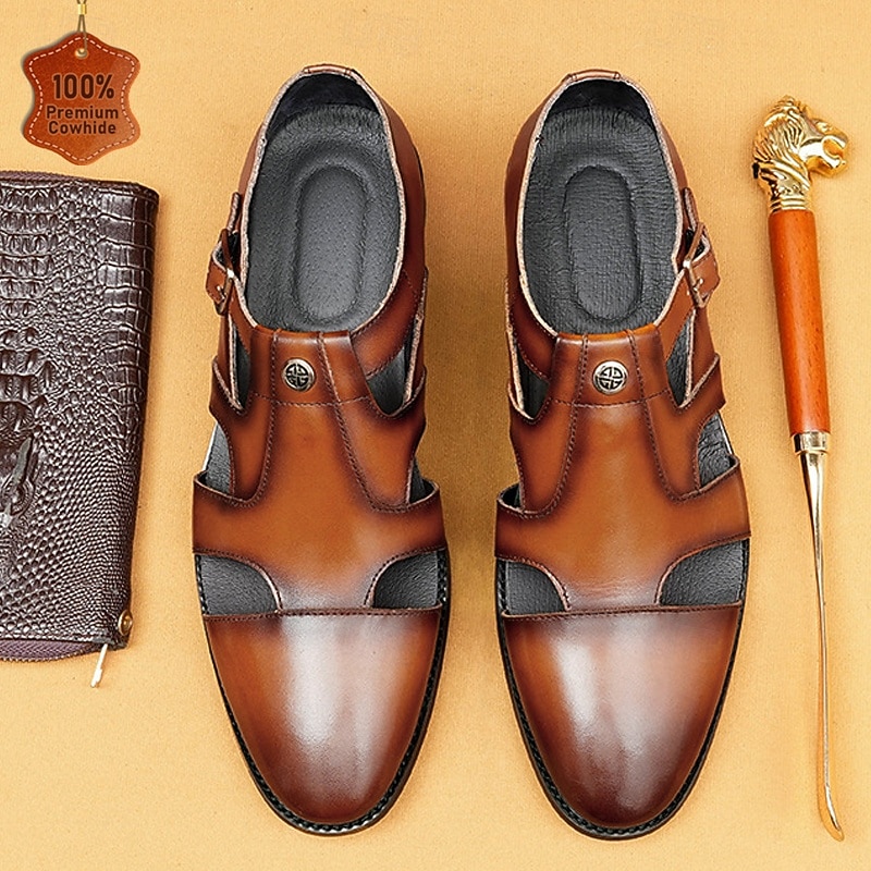 Men's Genuine Leather Fisherman Sandals with Double Monk Straps - Elegant Footwear for Business Casual and Events