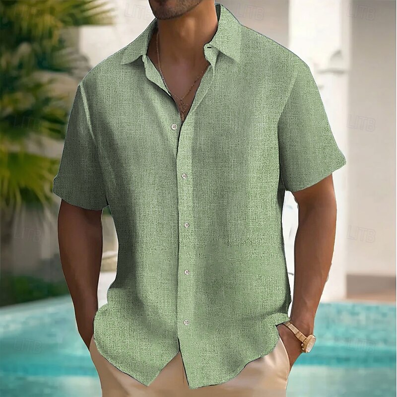 Men's Solid Color Linen Shirt Button Up Shirt Short Sleeve Fashion Casual Vacation Holiday Streetwear Summer Spring Turndown 3D Print Collared Shirts Pink Blue Green2
