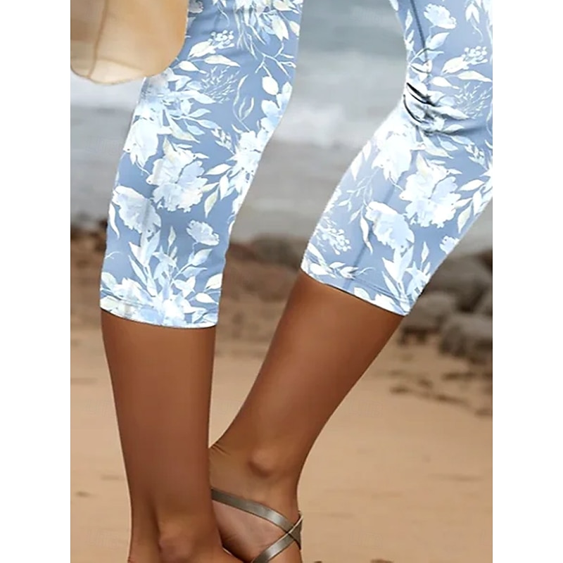 Women's Leggings Capri Pants High Elasticity Vacation Hawaiian Calf-Length Mid Waist Floral Graphic Printing Breathable Soft  Vacation Casual Holiday Light Blue Summer Spring Regular Fit3