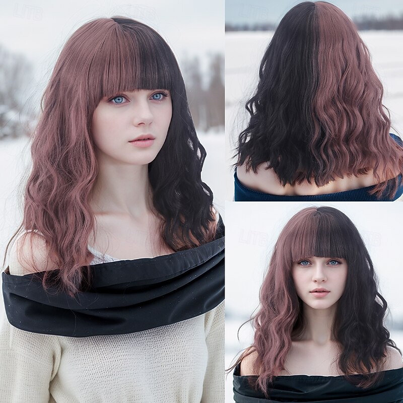 Synthetic Wig Wavy Curly Weave Layered Haircut With Bangs Machine Made Wig 16 inch A1 Synthetic Hair Women's Classic Comfortable Color Gradient Multi-color