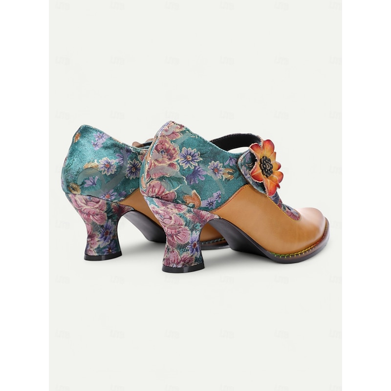 Women's 1930s Vintage Floral Leather Mary Jane Heels – Retro Chunky Heel Shoes with Flower Accent for Formal Events, Office, and Casual Wear4