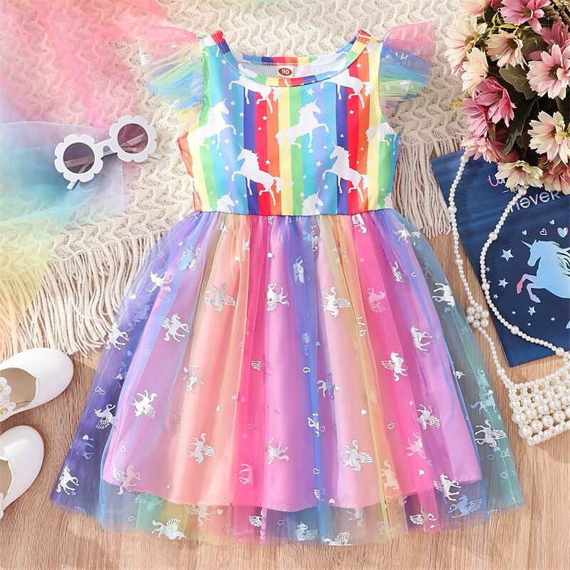 Kids Girls' Dress Unicorn Sleeveless Outdoor Casual Fashion Adorable 100% Cotton Knee-length Casual Dress A Line Dress Summer 4 years+ Light Pink Pink Blue