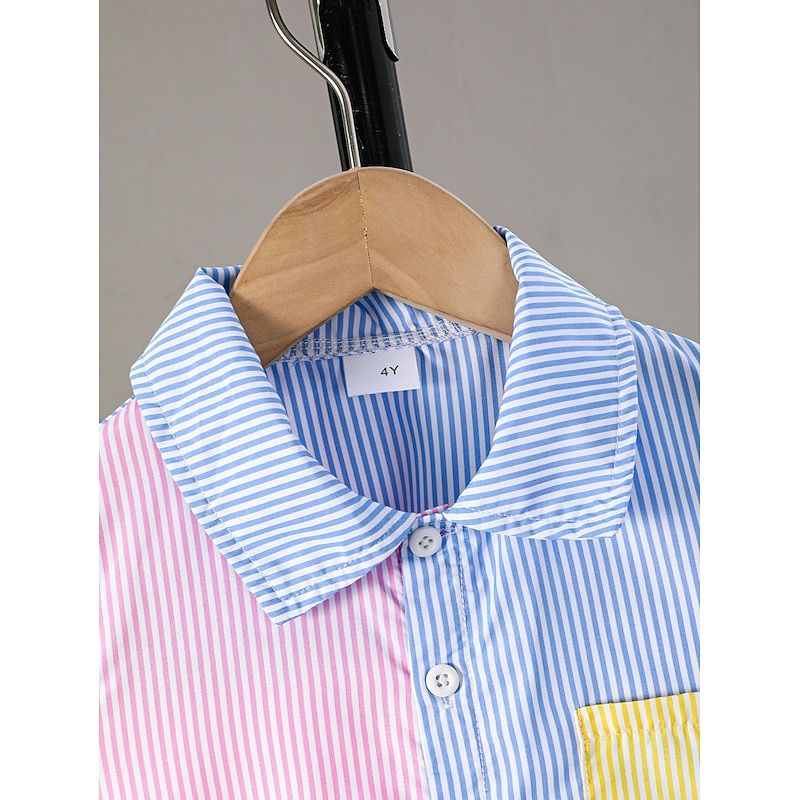 2 Pieces Toddler Boys T-shirt & Shorts Outfit Stripe Short Sleeve Patchwork Set School Neutral Fashion Summer 4-7 Years Multicolor3