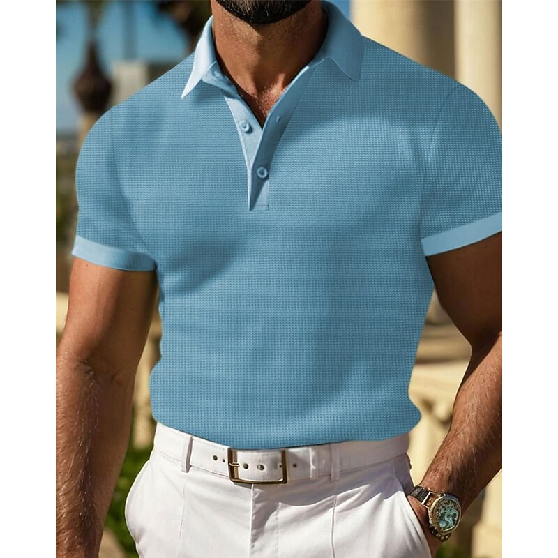 Men's Waffle Polo Shirts Golf Shirt Work Casual Lapel Short Sleeve Basic Modern Plain Buttons Summer Spring Regular Fit Black White Yellow Red Light Grey Light Blue Waffle Polo Shirts