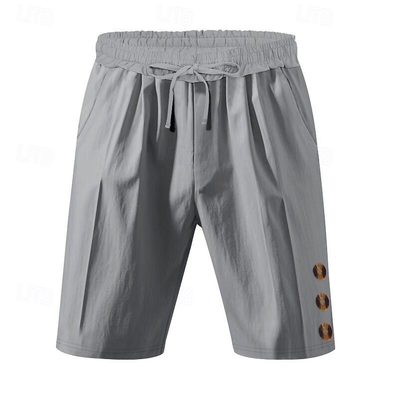 Men's Shorts Linen Shorts Summer Shorts Beach Shorts Drawstring Elastic Waist Side Button Plain Comfort Breathable Knee Length Outdoor Casual Daily Fashion Classic Style Dark Khaki Light Khaki4