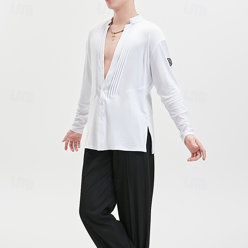 Latin Dance Top Pure Color Men's Performance Daily Wear Long Sleeve Tencel3