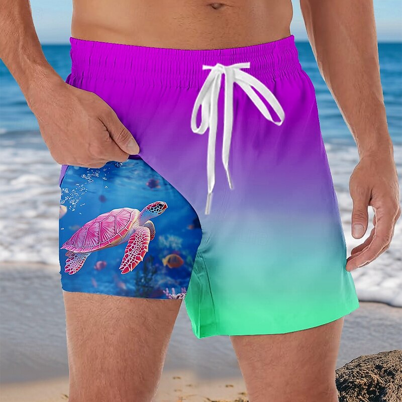 Men's Gradient Color Sea Turtle Lined Shorts 2 in 1 Board Shorts Swim Shorts Mid Waist Hawaiian Vacation Beach Wear Side Pockets With Compression Liner Elastic Drawstring Waist Designer Clothing3