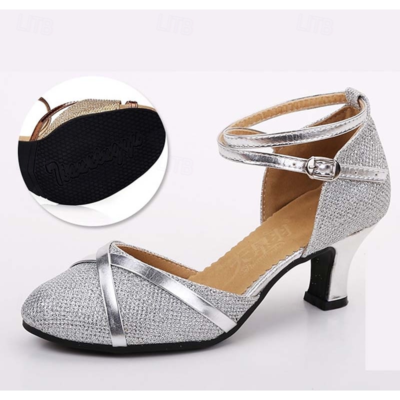 Women's Silver Glitter Ballroom Dance Shoes – Low Heel Latin Salsa Tango Shoes with Ankle Strap and Soft Suede Sole for Performance & Competition3