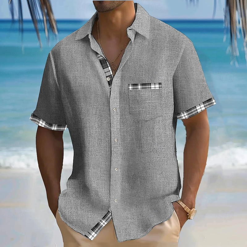 Men's Geometric Grid / Plaid Linen Shirt Summer Shirt Button Up Shirt Short Sleeve Fashion Casual Vacation Holiday Beach Wear Summer Spring Turndown Collared Shirts Front One Pocket Blue Green Gray